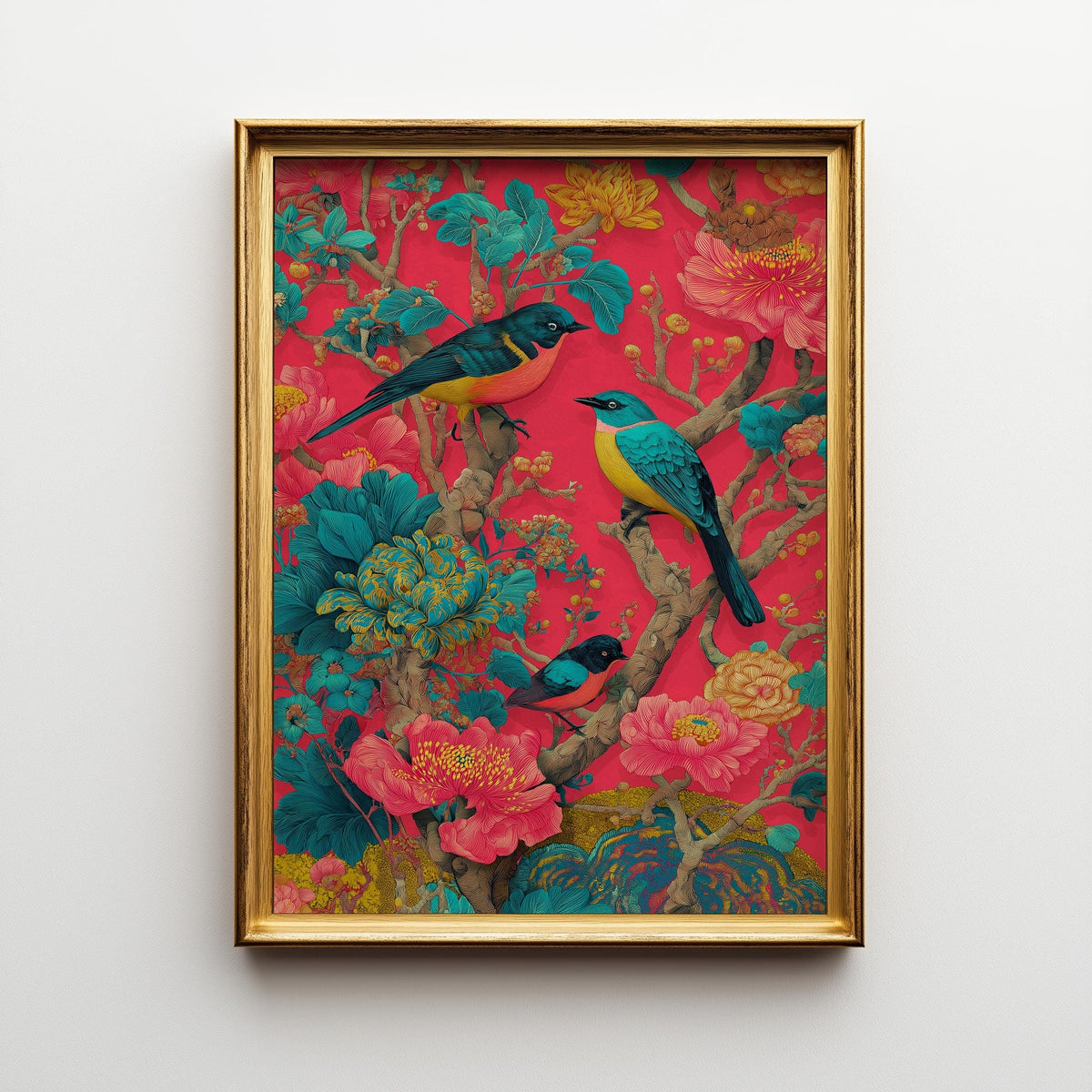 Chinoiserie Bird Print, Maximalist Floral Botanical Wall Art, Teal Pink Asian Decor by The Wall Art Studio - physical