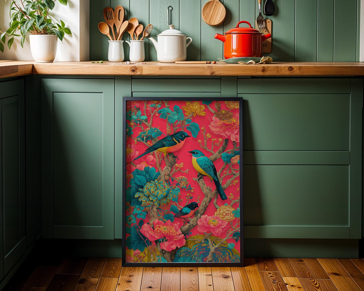 Chinoiserie Bird Print, Maximalist Floral Botanical Wall Art, Teal Pink Asian Decor by The Wall Art Studio - physical