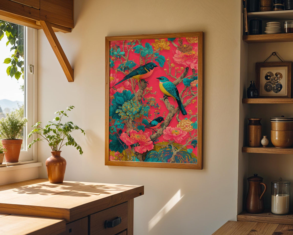 Chinoiserie Bird Print, Maximalist Floral Botanical Wall Art, Teal Pink Asian Decor by The Wall Art Studio - physical