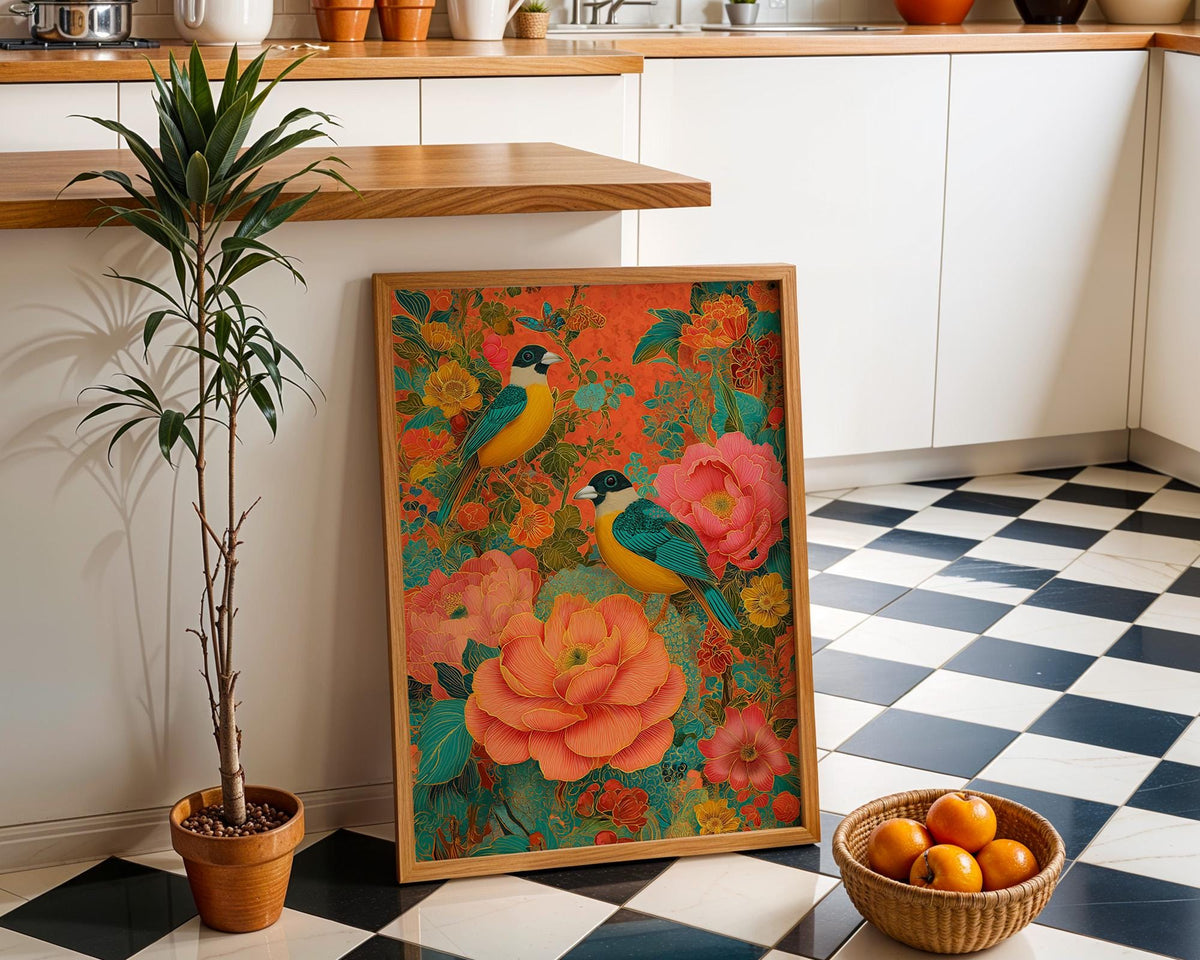Chinoiserie Bird Print, Maximalist Floral Botanical Wall Art, Teal Pink Asian Decor by The Wall Art Studio - physical