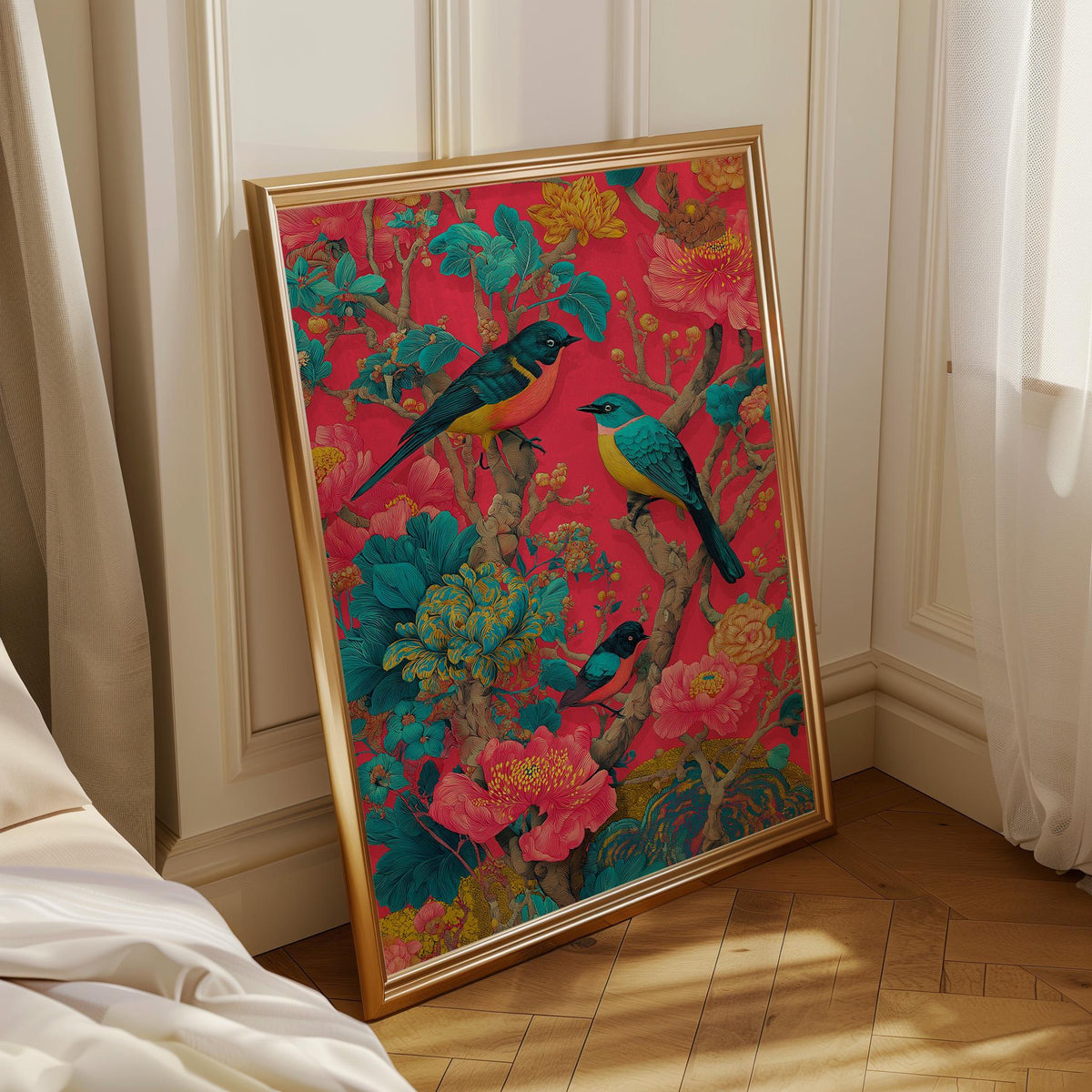 Chinoiserie Bird Print, Maximalist Floral Botanical Wall Art, Teal Pink Asian Decor by The Wall Art Studio - physical