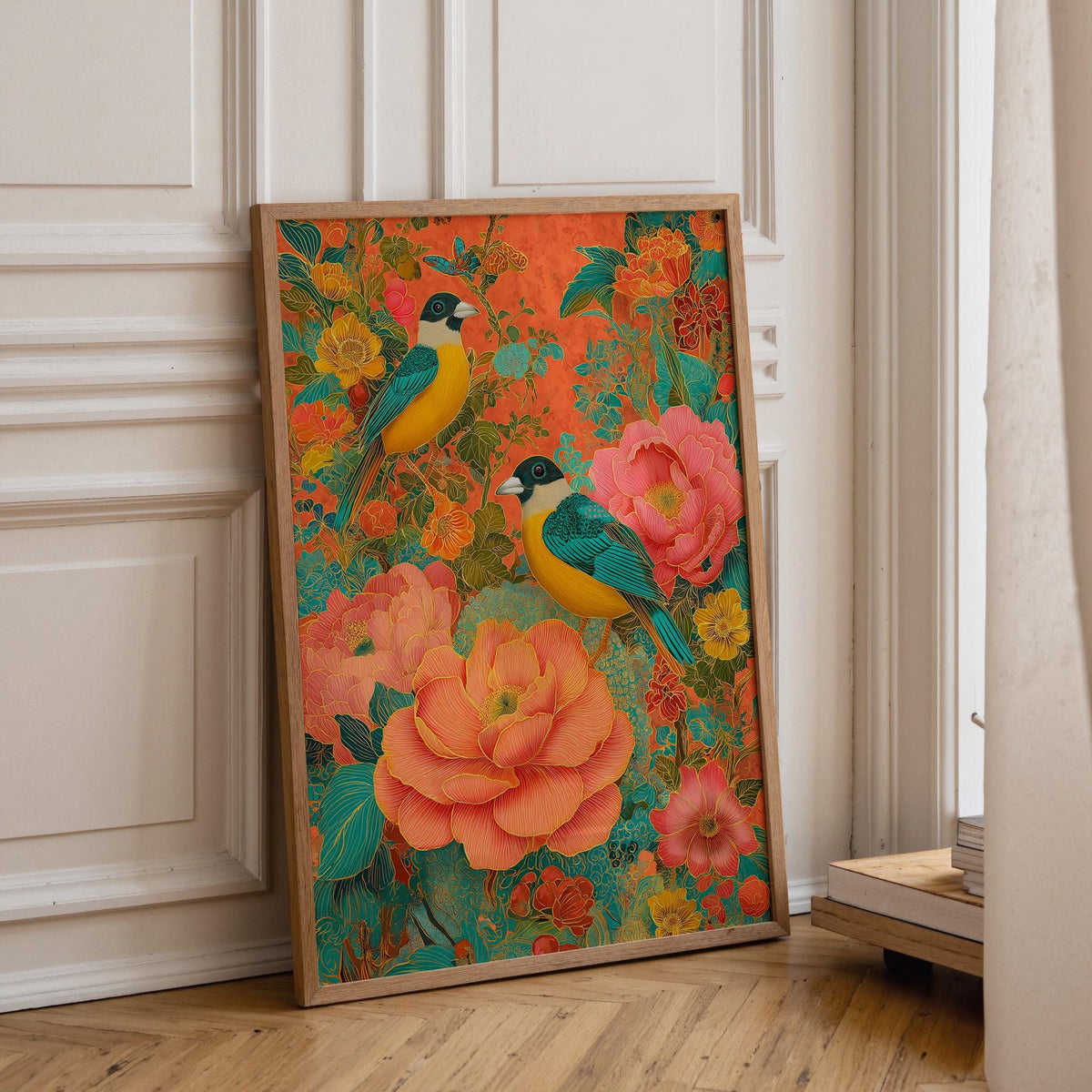 Chinoiserie Bird Print, Maximalist Floral Botanical Wall Art, Teal Pink Asian Decor by The Wall Art Studio - physical