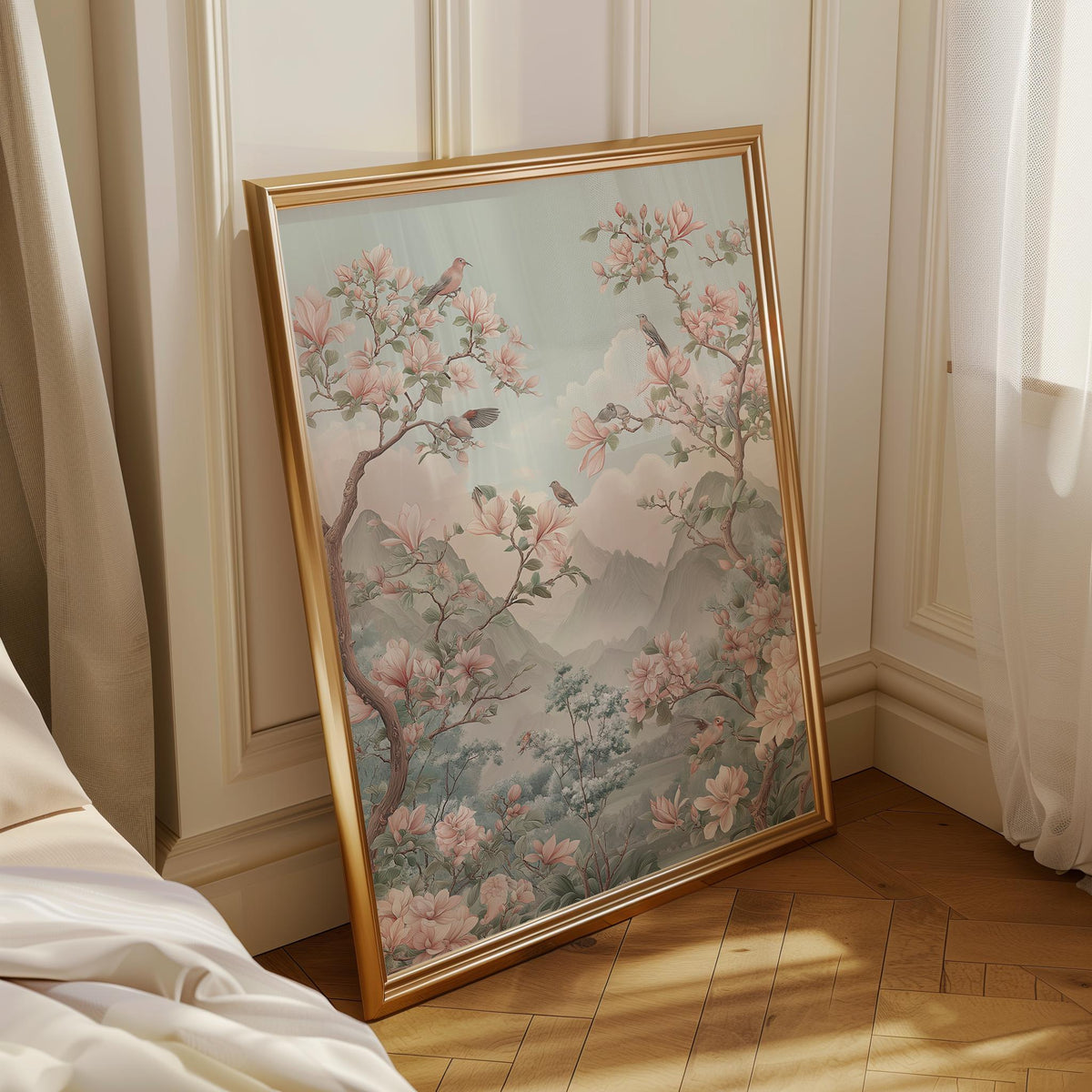 Chinoiserie Cherry Blossom Wall Art, Asian Landscape Bird Print, Soft Pastel Oriental Garden Décor, Japanese Floral Poster...