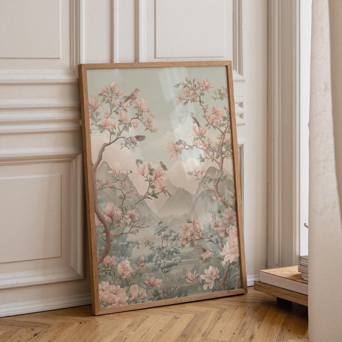 Chinoiserie Cherry Blossom Wall Art, Asian Landscape Bird Print, Soft Pastel Oriental Garden Décor, Japanese Floral Poster...