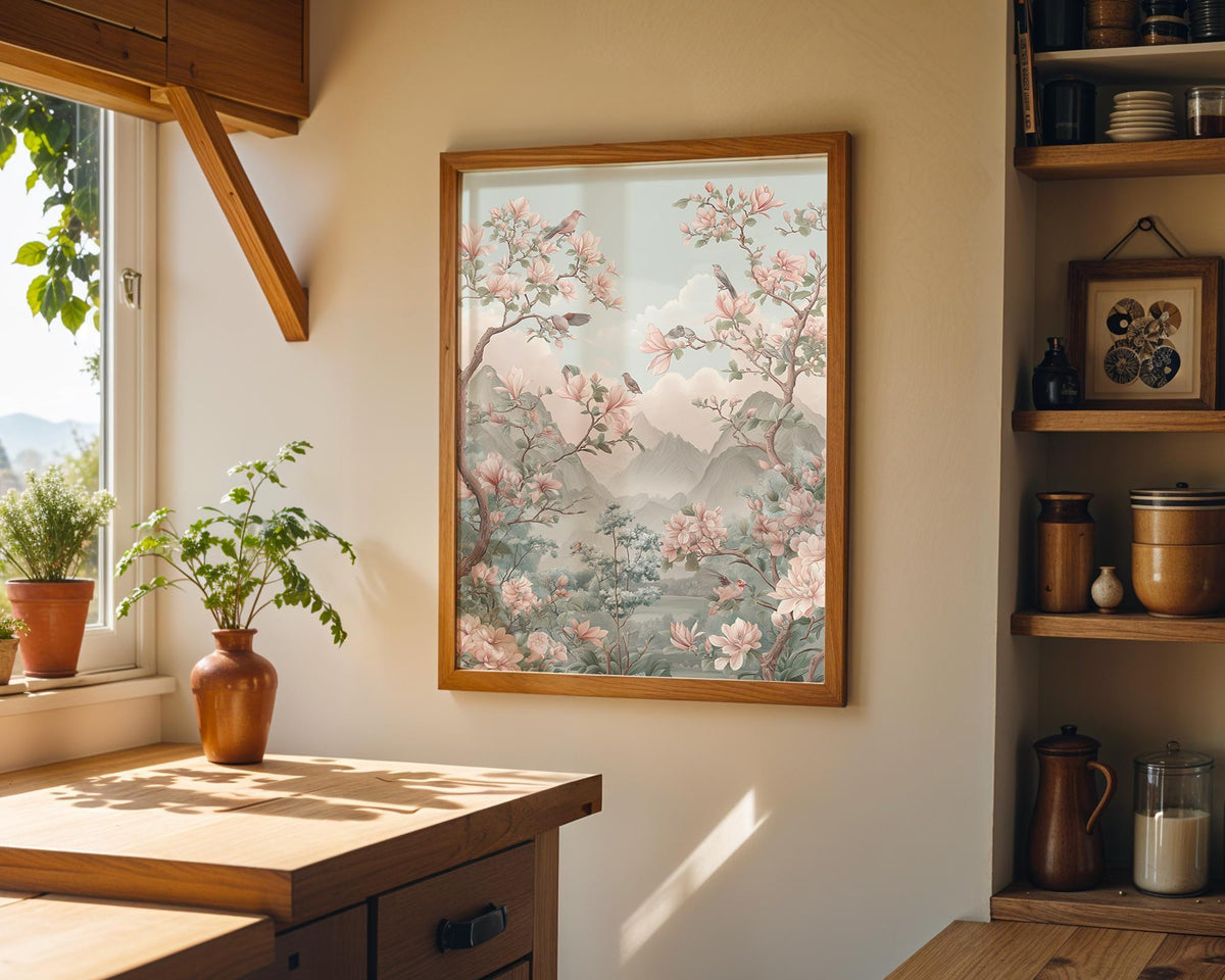 Chinoiserie Cherry Blossom Wall Art, Asian Landscape Bird Print, Soft Pastel Oriental Garden Décor, Japanese Floral Poster...