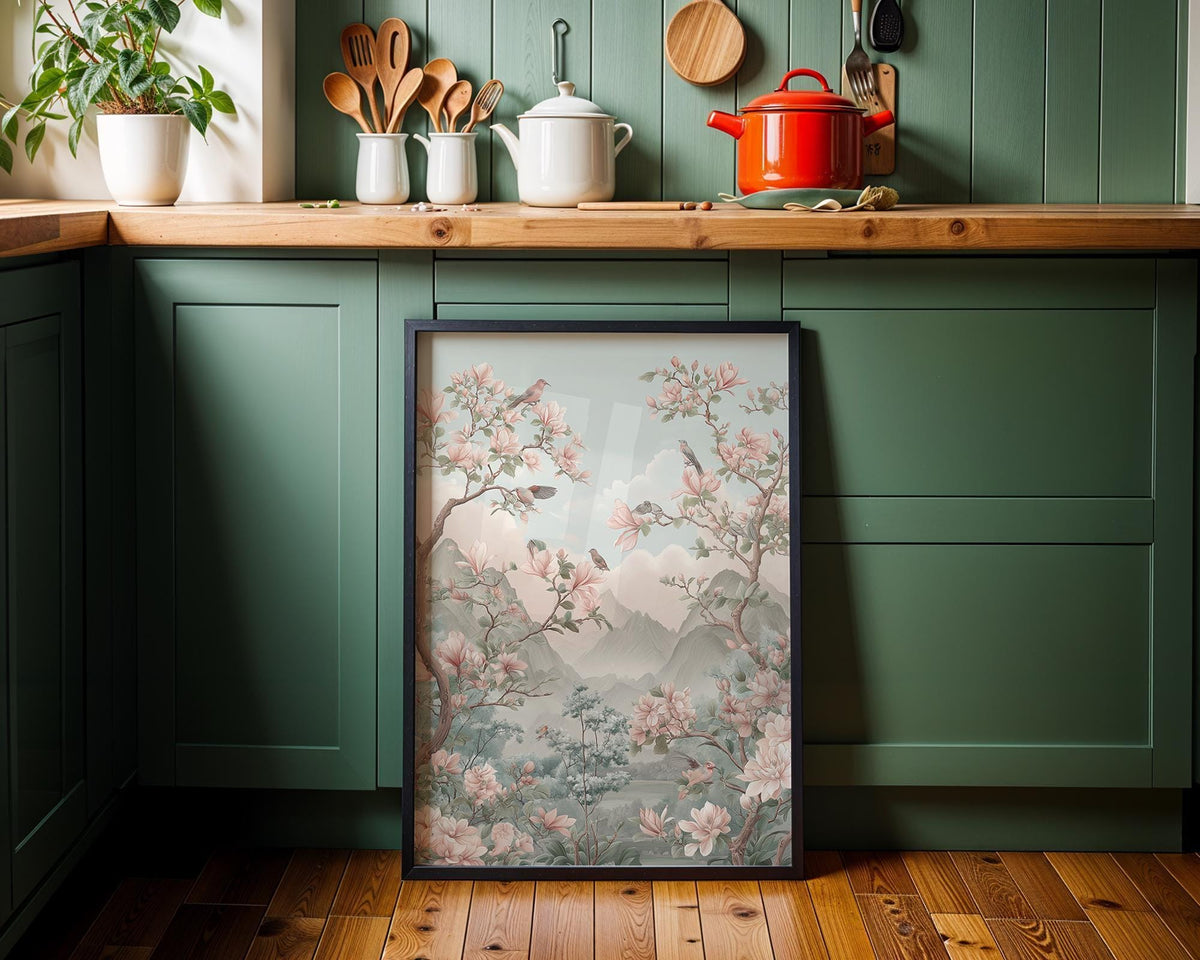 Chinoiserie Cherry Blossom Wall Art, Asian Landscape Bird Print, Soft Pastel Oriental Garden Décor, Japanese Floral Poster...