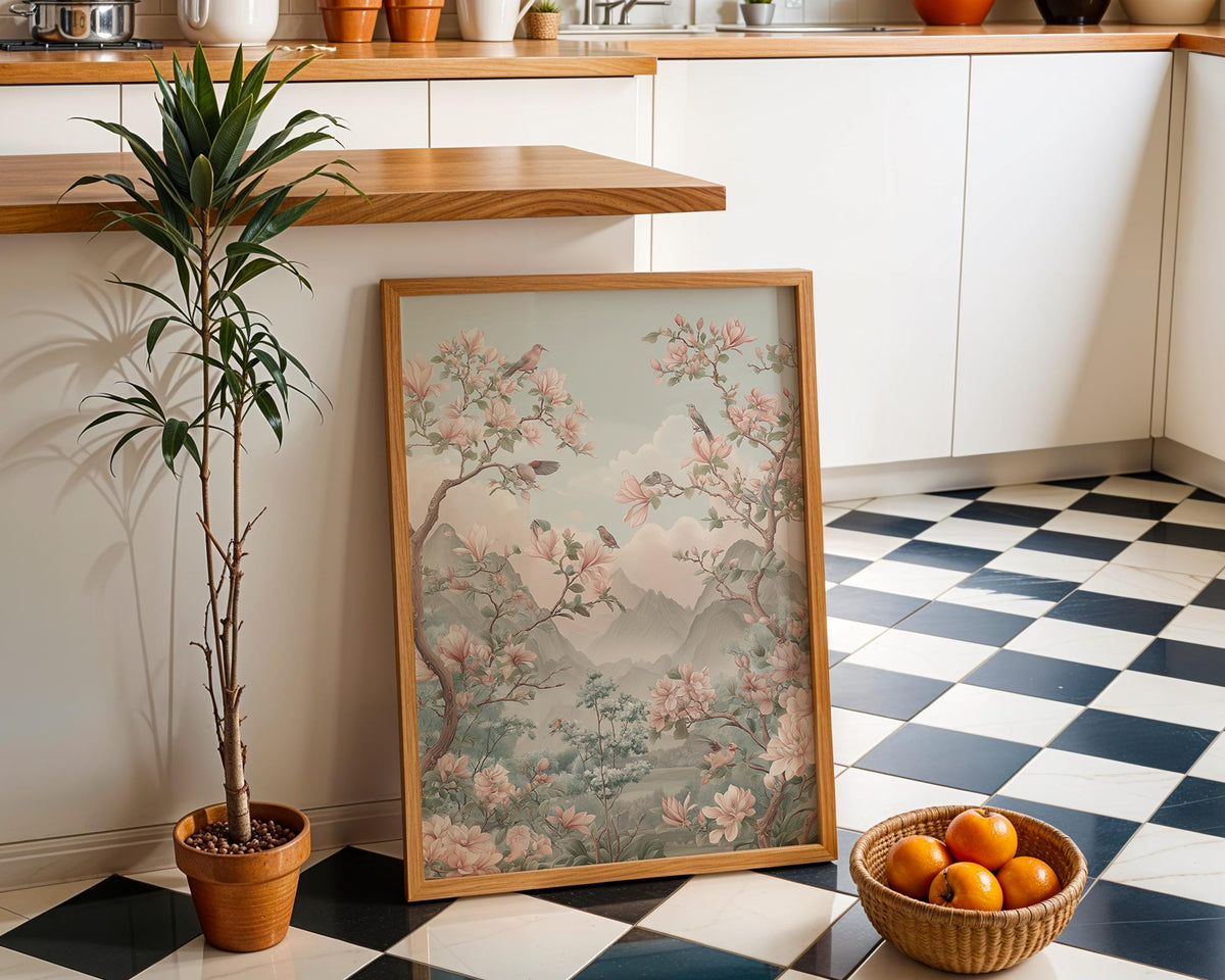 Chinoiserie Cherry Blossom Wall Art, Asian Landscape Bird Print, Soft Pastel Oriental Garden Décor, Japanese Floral Poster...