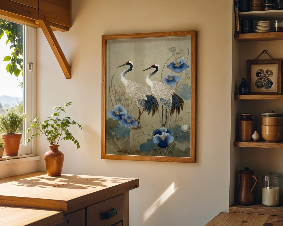 Chinoiserie Crane Print, Blue Beige Floral Asian Inspired Wall Art by The Wall Art Studio - physical