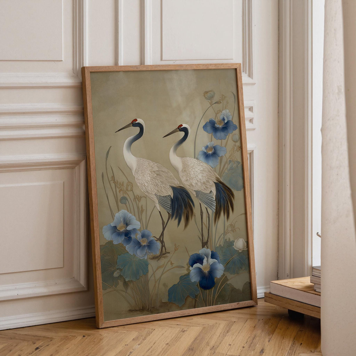 Chinoiserie Crane Print, Blue Beige Floral Asian Inspired Wall Art by The Wall Art Studio - physical