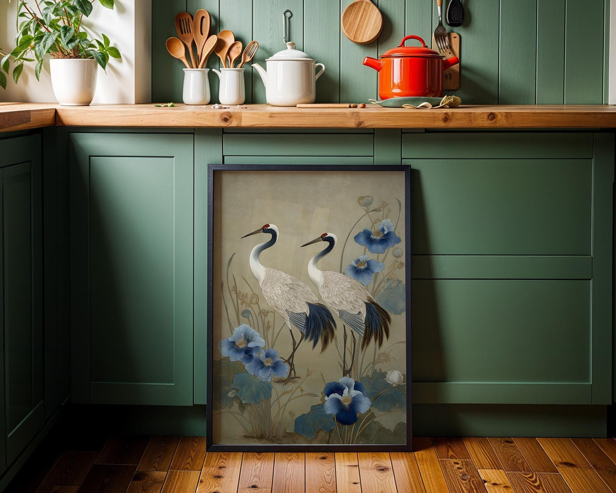 Chinoiserie Crane Print, Blue Beige Floral Asian Inspired Wall Art by The Wall Art Studio - physical