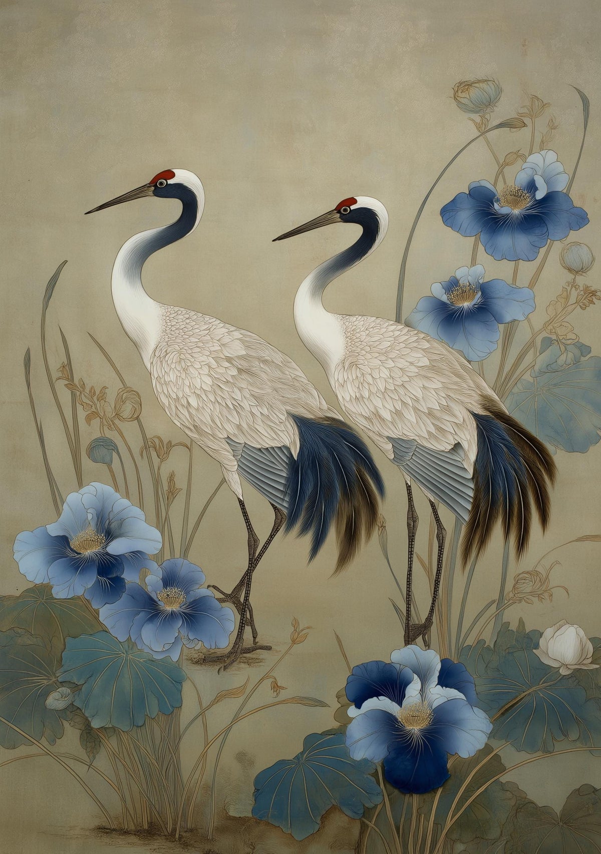 Chinoiserie Crane Print, Blue Beige Floral Asian Inspired Wall Art by The Wall Art Studio - physical