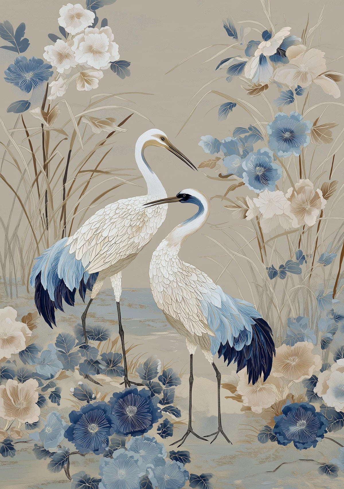 Chinoiserie Crane Wall Art, Blue and Beige Bird Print, Elegant Floral Wall Art, Asian Inspired Decor, Neutral Botanical Pr...