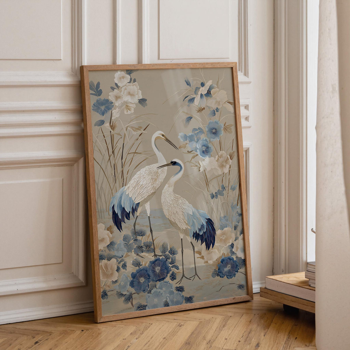 Chinoiserie Crane Wall Art, Blue and Beige Bird Print, Elegant Floral Wall Art, Asian Inspired Decor, Neutral Botanical Pr...