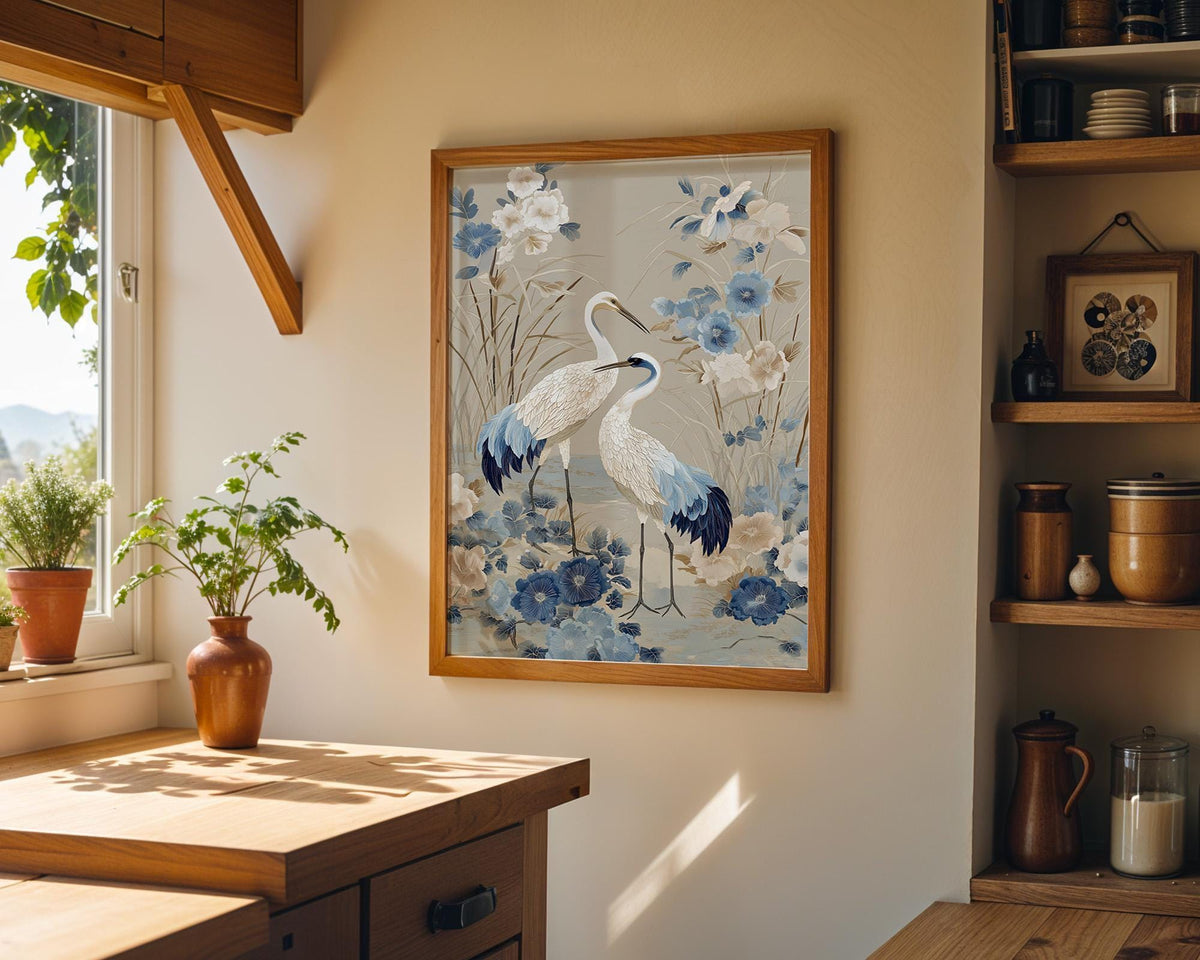 Chinoiserie Crane Wall Art, Blue and Beige Bird Print, Elegant Floral Wall Art, Asian Inspired Decor, Neutral Botanical Pr...