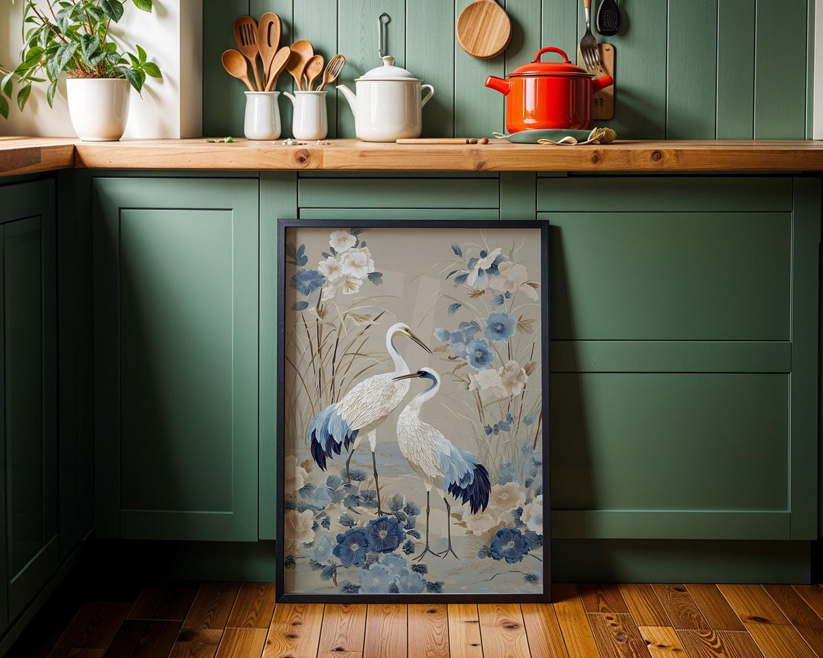 Chinoiserie Crane Wall Art, Blue and Beige Bird Print, Elegant Floral Wall Art, Asian Inspired Decor, Neutral Botanical Pr...