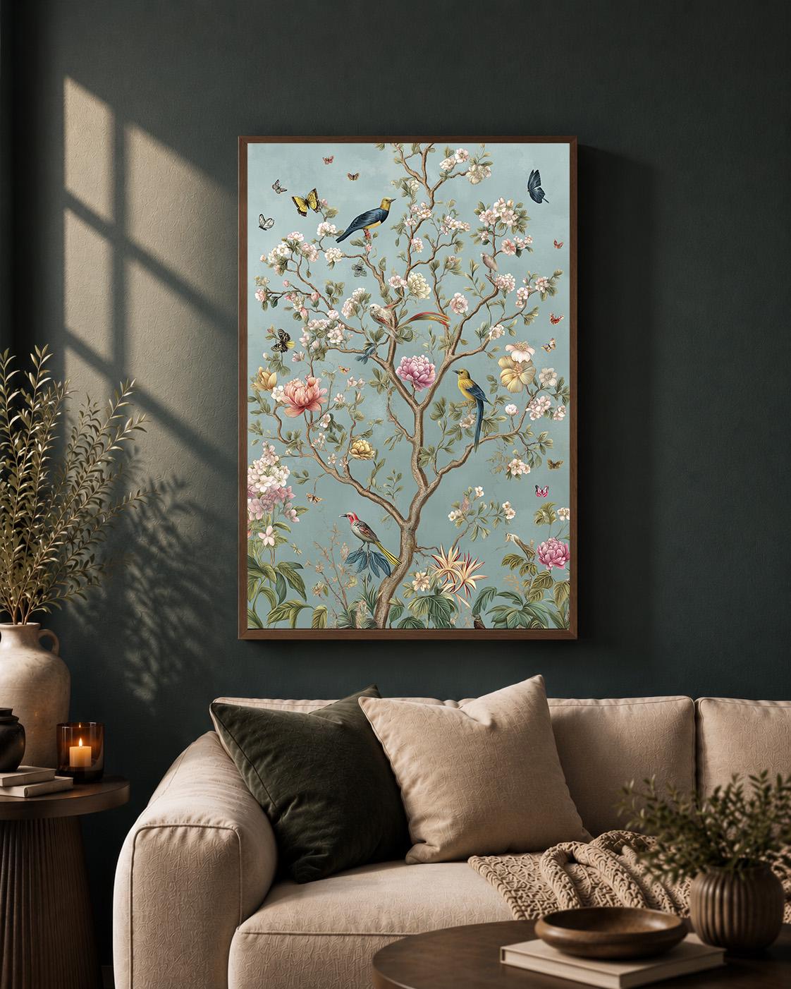 Chinoiserie Floral Bird Framed Canvas Art, Vintage Botanical Tree Print, Cottagecore Blue Wall Decor by The Wall Art Studi...