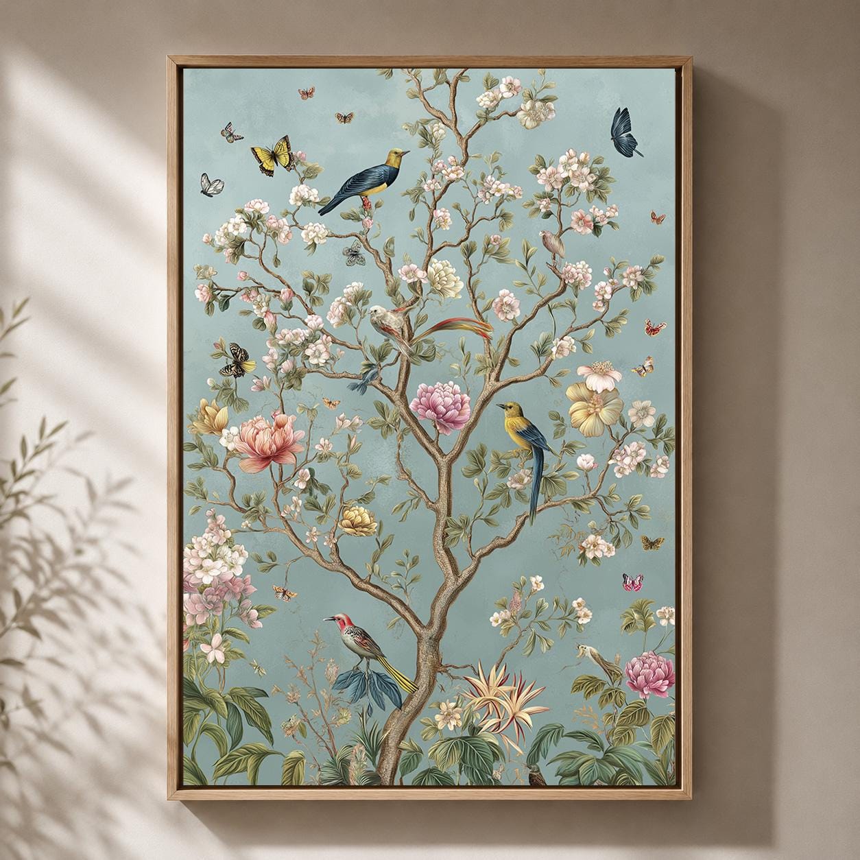 Chinoiserie Floral Bird Framed Canvas Art, Vintage Botanical Tree Print, Cottagecore Blue Wall Decor by The Wall Art Studi...