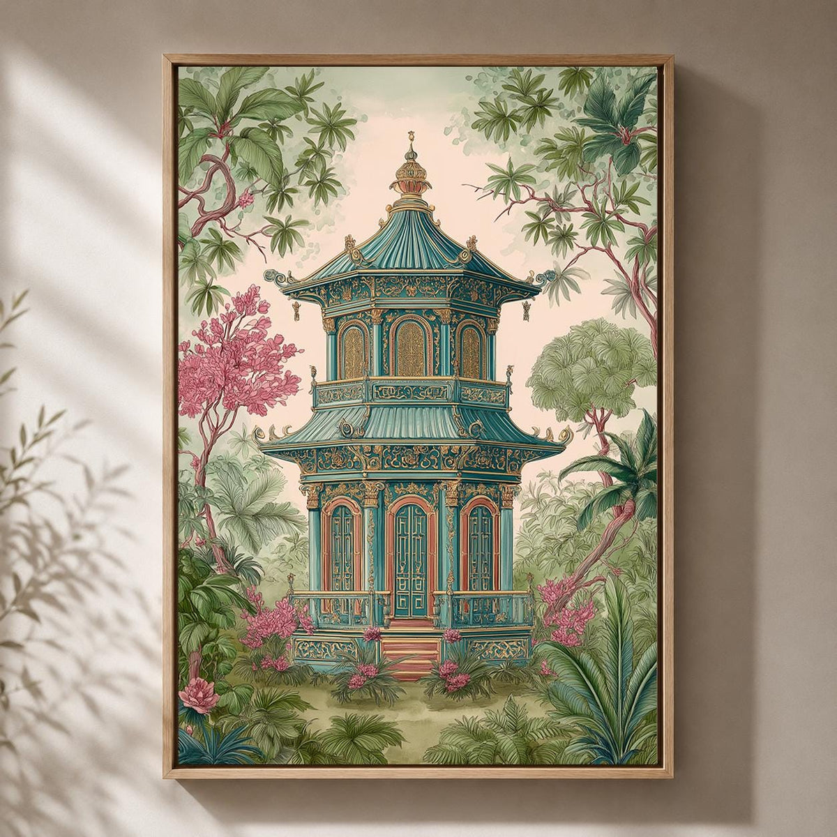 Chinoiserie Framed Canvas Wall Art, Vintage Pagoda Landscape Canvas Print, Oriental Garden Maximalist Decor by The Wall Ar...