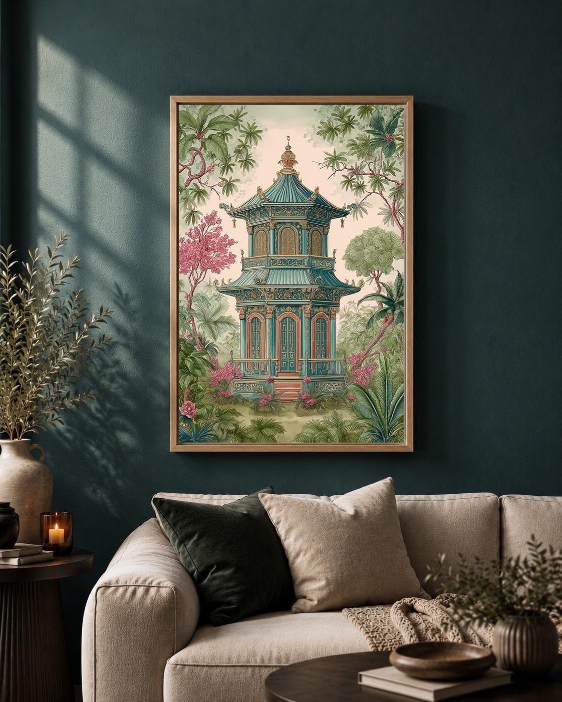 Chinoiserie Framed Canvas Wall Art, Vintage Pagoda Landscape Canvas Print, Oriental Garden Maximalist Decor by The Wall Ar...