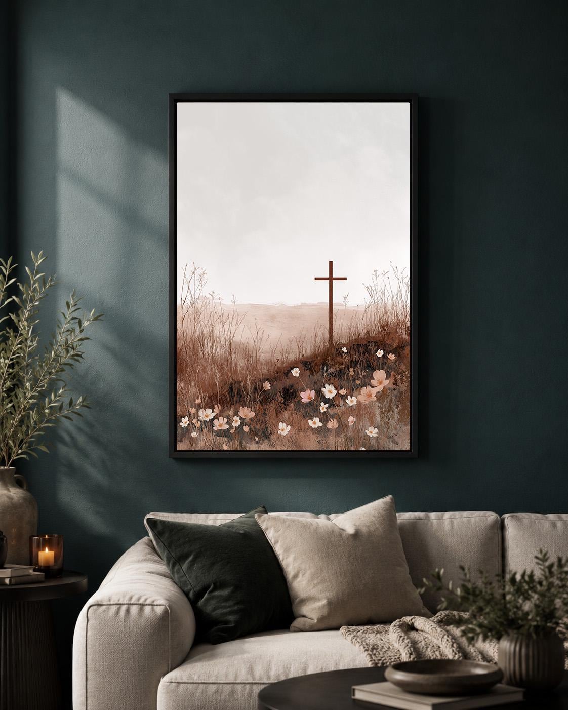 Christian Cross Floral Framed Canvas Art, Neutral Faith Decor, Minimalist Religious Print by The Wall Art Studio - physical