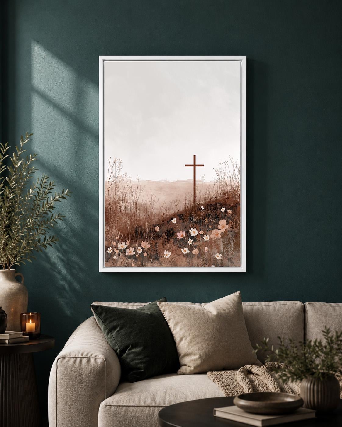 Christian Cross Floral Framed Canvas Art, Neutral Faith Decor, Minimalist Religious Print by The Wall Art Studio - physical