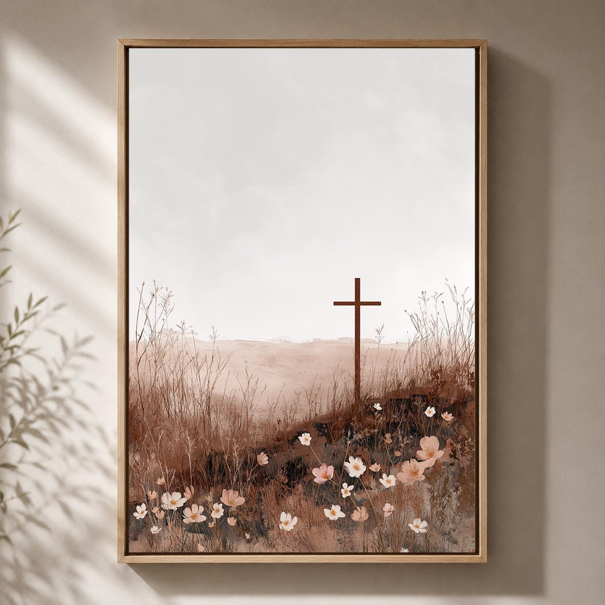 Christian Cross Floral Framed Canvas Art, Neutral Faith Decor, Minimalist Religious Print by The Wall Art Studio - physical