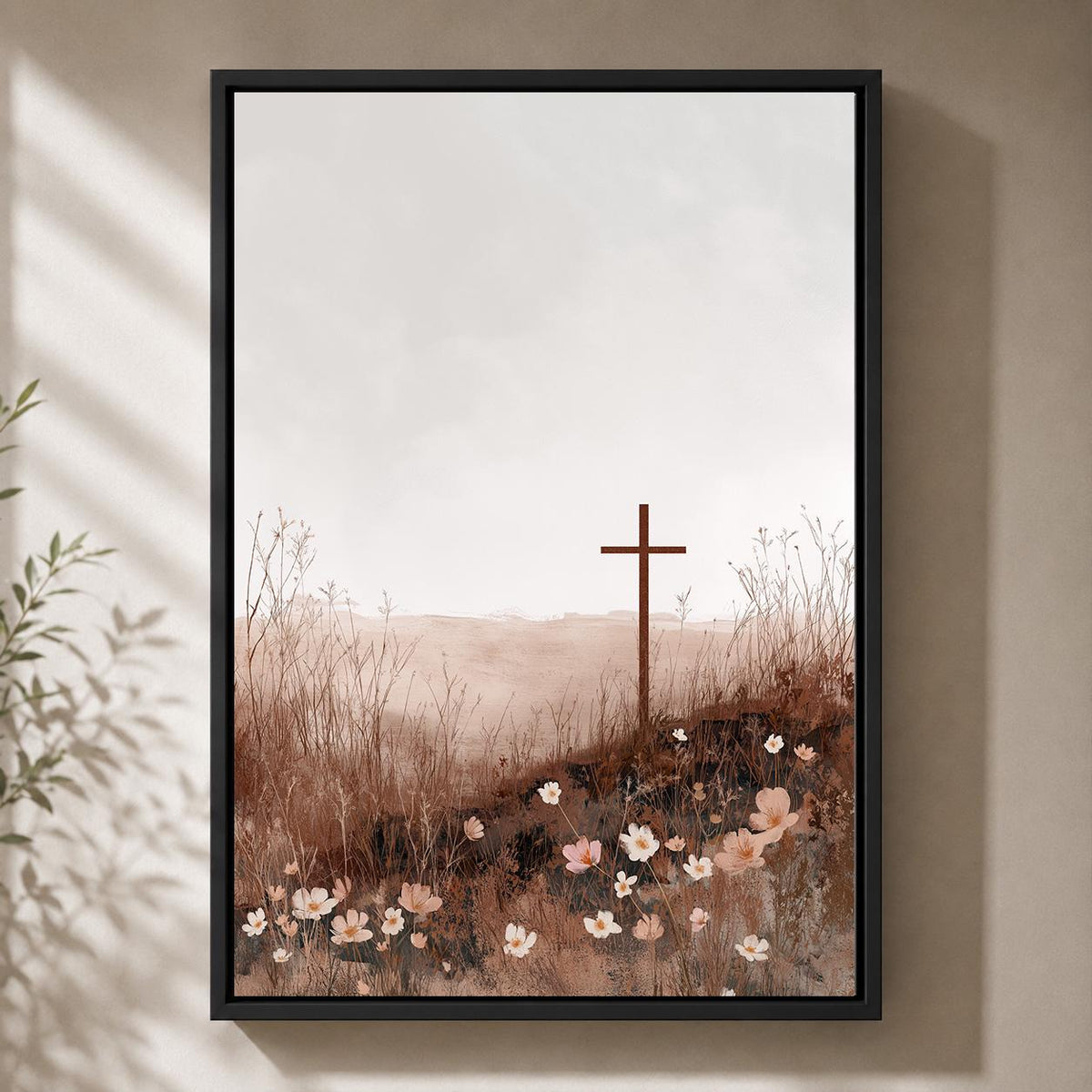 Christian Cross Floral Framed Canvas Art, Neutral Faith Decor, Minimalist Religious Print by The Wall Art Studio - physical