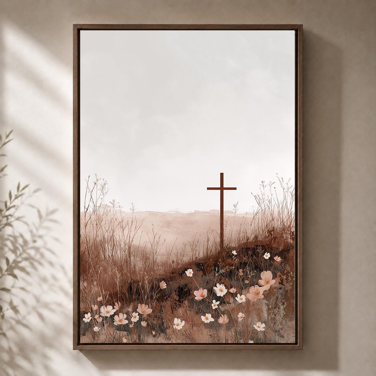 Christian Cross Floral Framed Canvas Art, Neutral Faith Decor, Minimalist Religious Print by The Wall Art Studio - physical