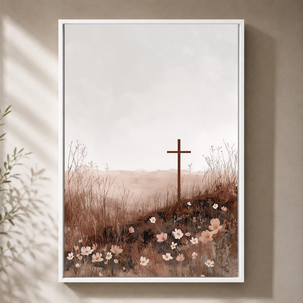 Christian Cross Floral Framed Canvas Art, Neutral Faith Decor, Minimalist Religious Print by The Wall Art Studio - physical