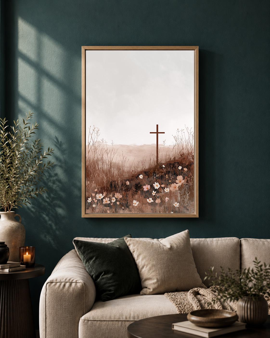 Christian Cross Floral Framed Canvas Art, Neutral Faith Decor, Minimalist Religious Print by The Wall Art Studio - physical
