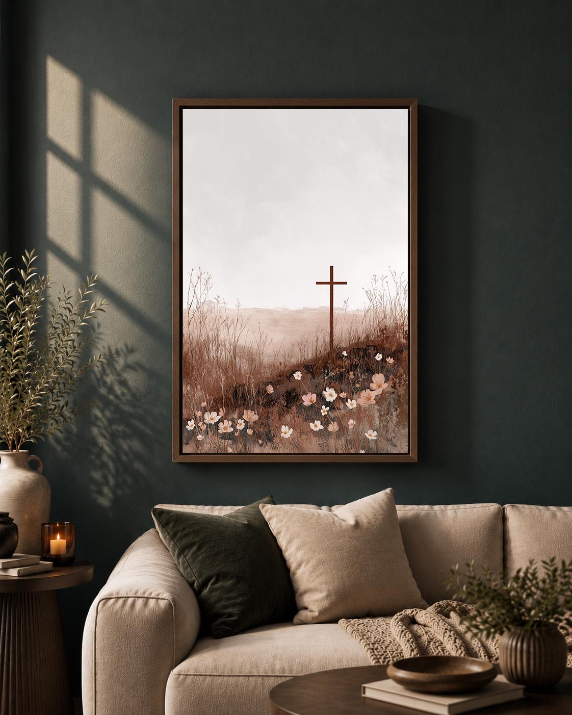 Christian Cross Floral Framed Canvas Art, Neutral Faith Decor, Minimalist Religious Print by The Wall Art Studio - physical