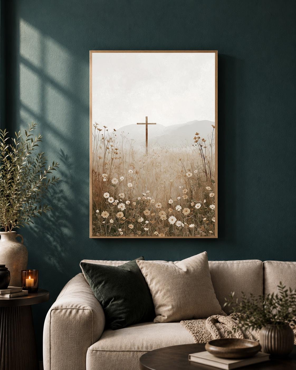 Christian Cross Wildflower Landscape Framed Canvas Art, Minimalist Faith Decor by The Wall Art Studio - physical