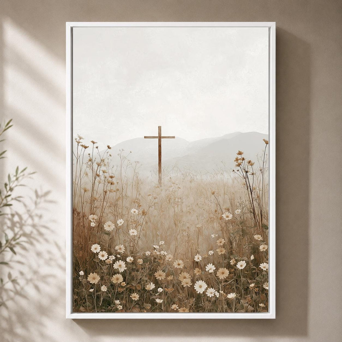 Christian Cross Wildflower Landscape Framed Canvas Art, Minimalist Faith Decor by The Wall Art Studio - physical