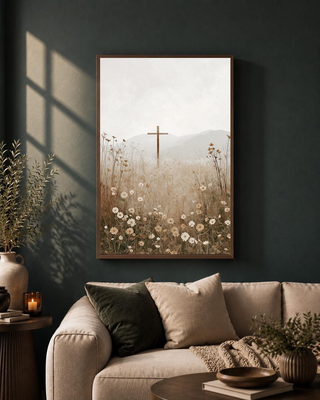 Christian Cross Wildflower Landscape Framed Canvas Art, Minimalist Faith Decor by The Wall Art Studio - physical