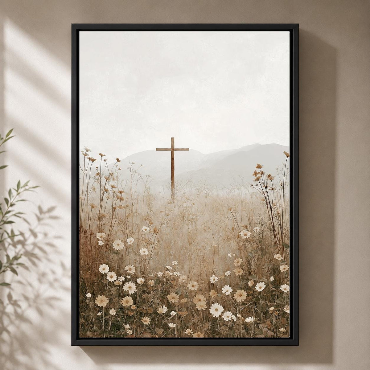 Christian Cross Wildflower Landscape Framed Canvas Art, Minimalist Faith Decor by The Wall Art Studio - physical