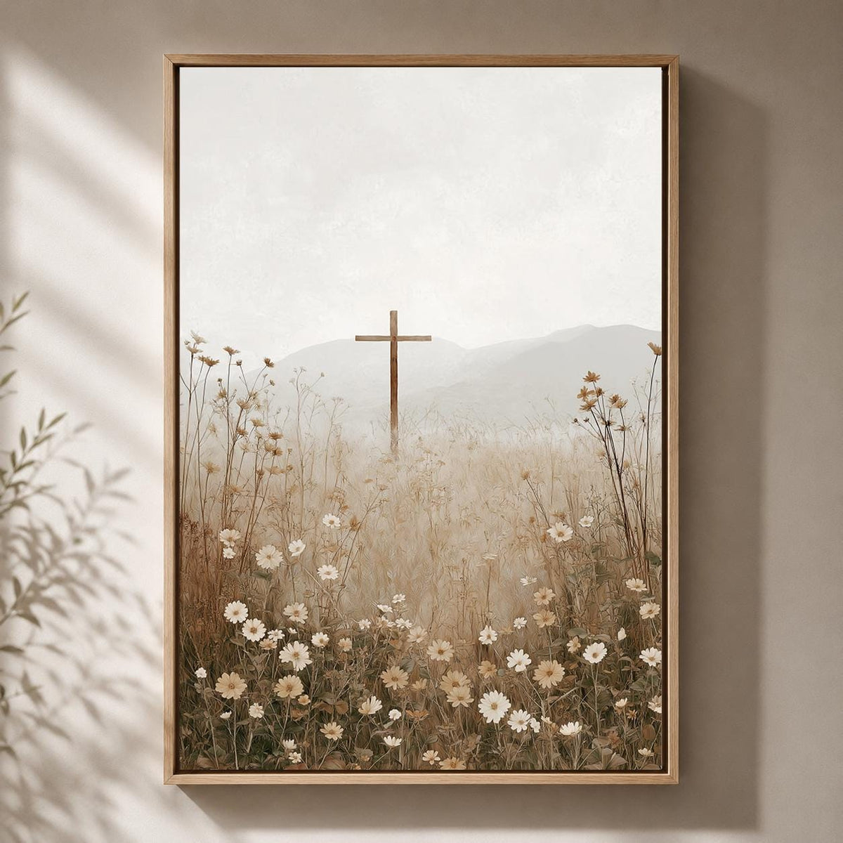 Christian Cross Wildflower Landscape Framed Canvas Art, Minimalist Faith Decor by The Wall Art Studio - physical