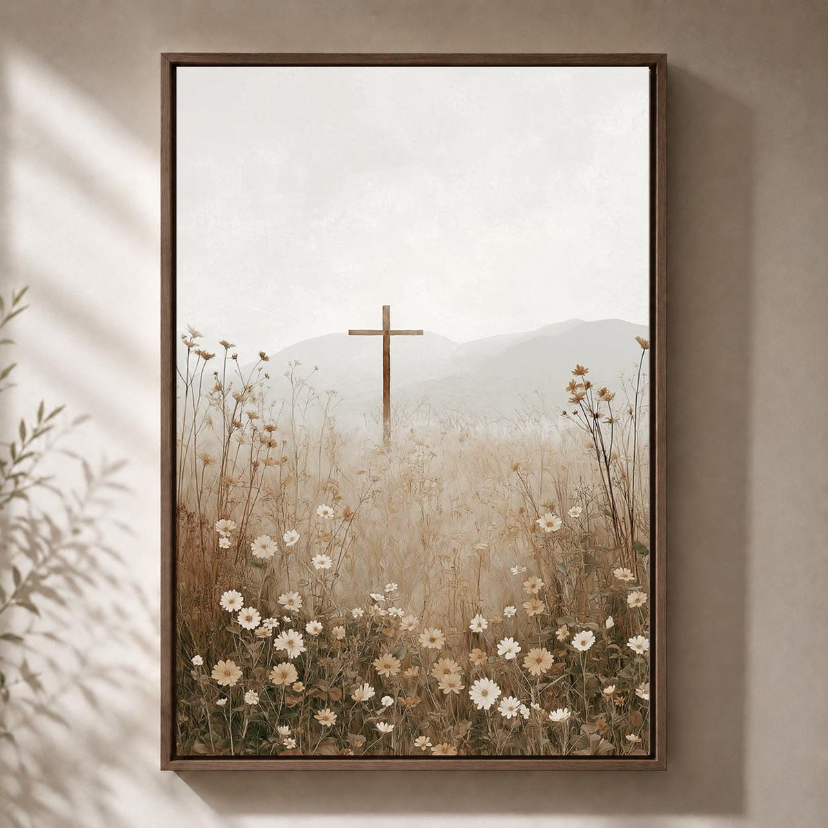 Christian Cross Wildflower Landscape Framed Canvas Art, Minimalist Faith Decor by The Wall Art Studio - physical