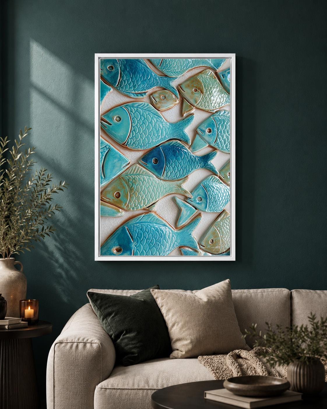 Coastal Ceramic Fish Framed Canvas, Mediterranean Sea Life Print, Nautical Decor, Beach House Artwork by The Wall Art Stud...
