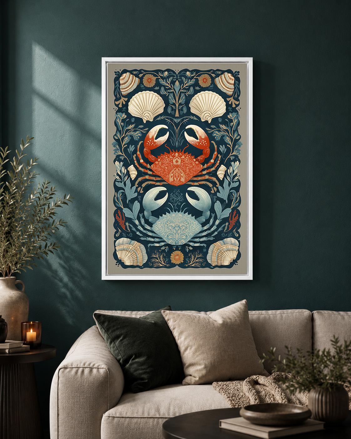 Coastal Crab Framed Canvas Art, Nautical Shell Print, Folk Sea Life Decor by The Wall Art Studio - physical