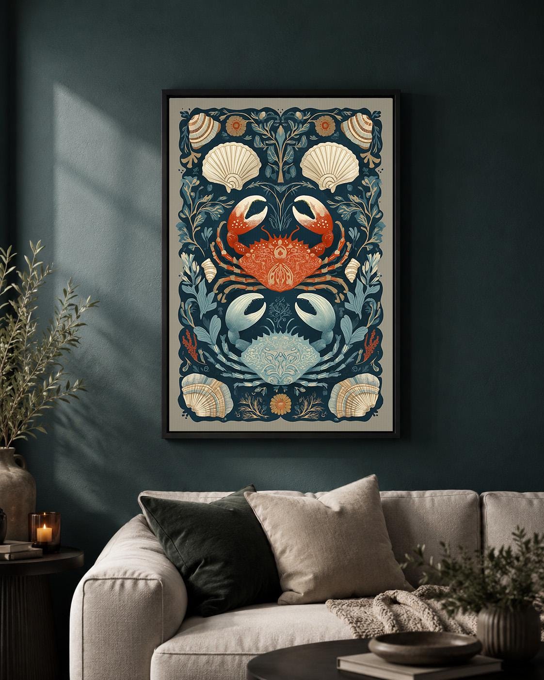 Coastal Crab Framed Canvas Art, Nautical Shell Print, Folk Sea Life Decor by The Wall Art Studio - physical