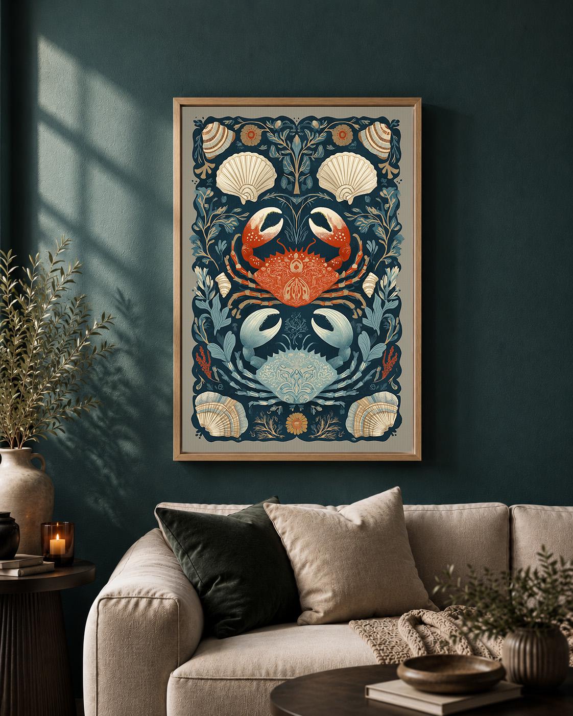 Coastal Crab Framed Canvas Art, Nautical Shell Print, Folk Sea Life Decor by The Wall Art Studio - physical