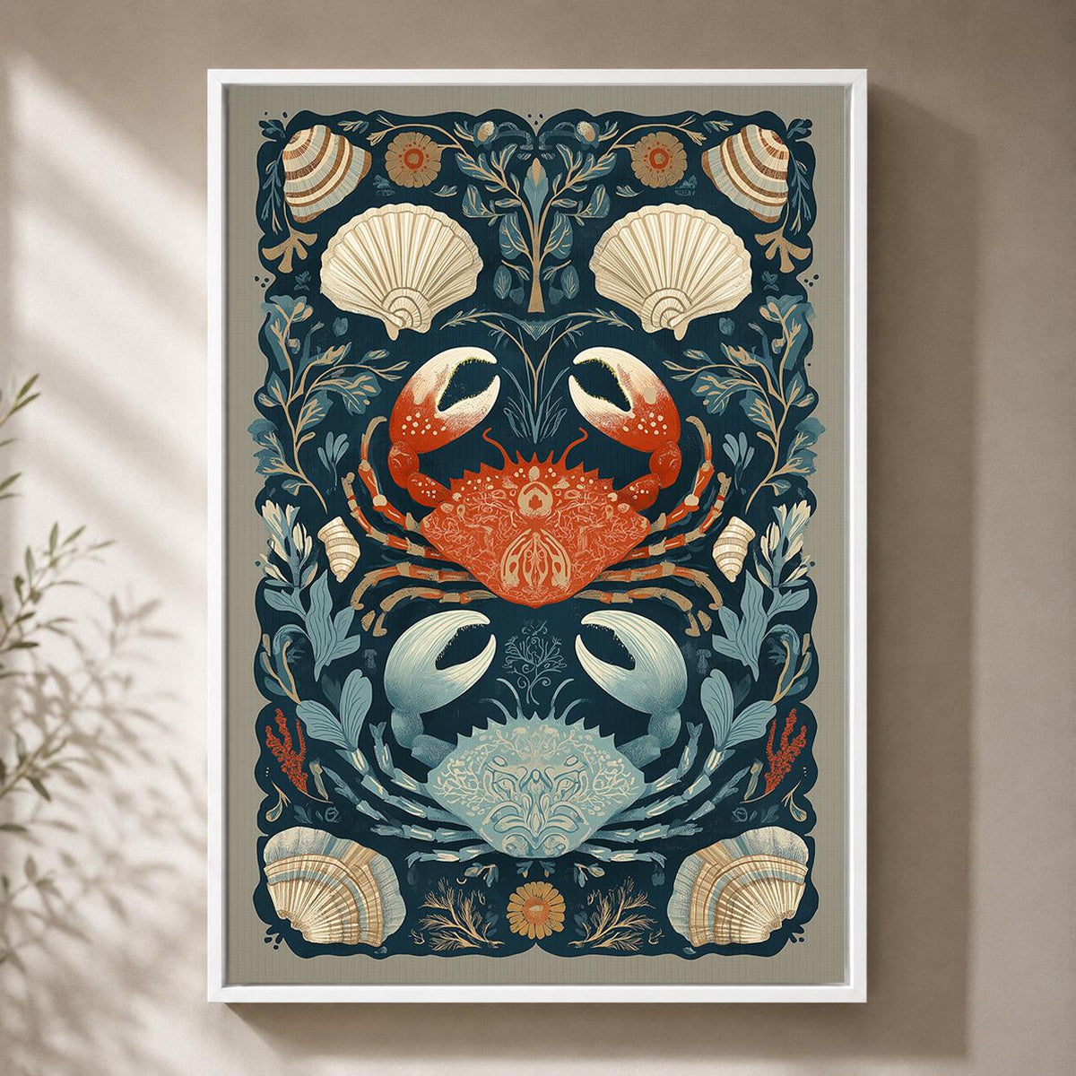 Coastal Crab Framed Canvas Art, Nautical Shell Print, Folk Sea Life Decor by The Wall Art Studio - physical