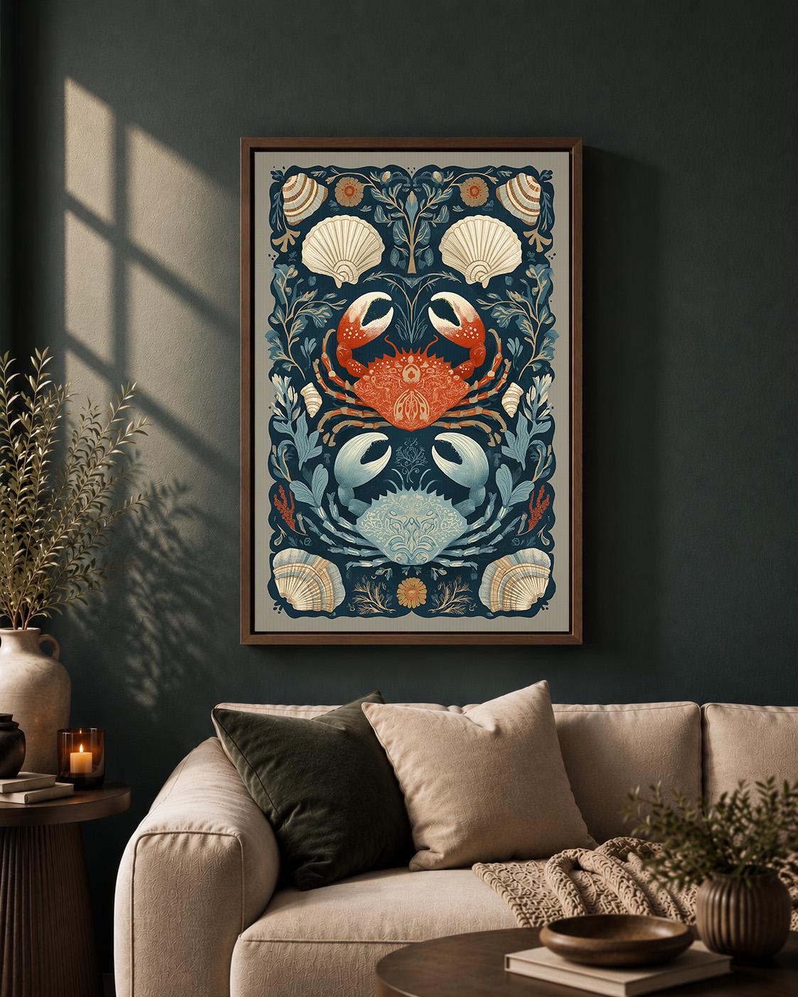 Coastal Crab Framed Canvas Art, Nautical Shell Print, Folk Sea Life Decor by The Wall Art Studio - physical