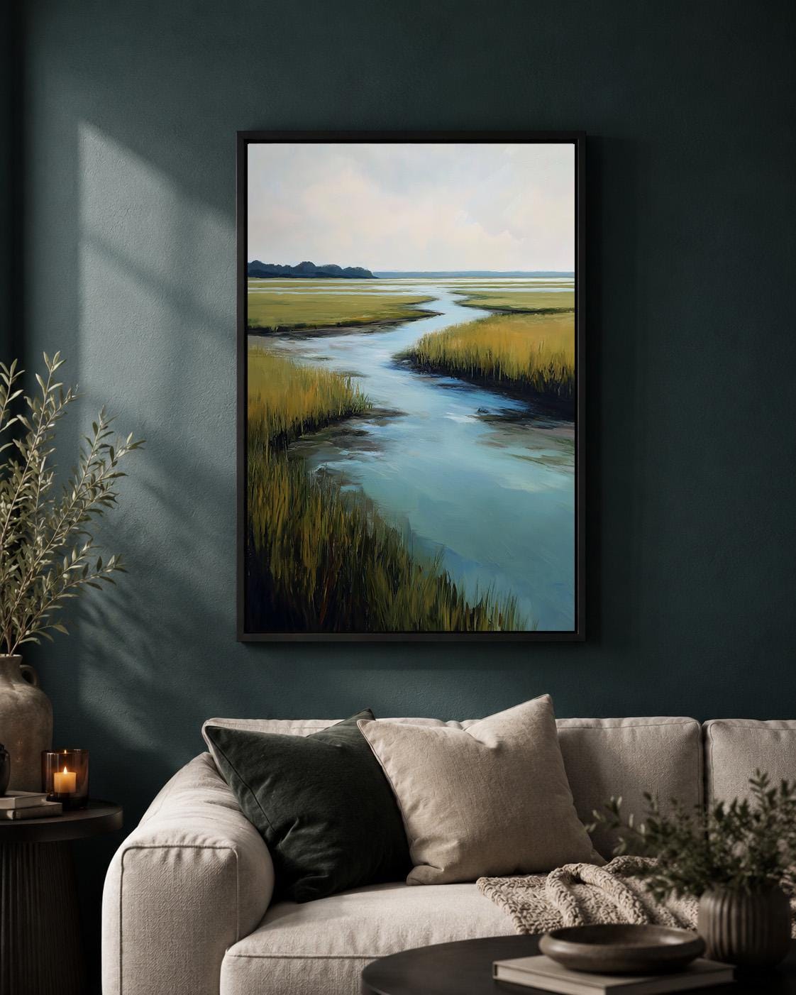 Coastal Marsh Landscape Framed Canvas Wall Art, Serene Salt Waterway Painting by The Wall Art Studio - physical