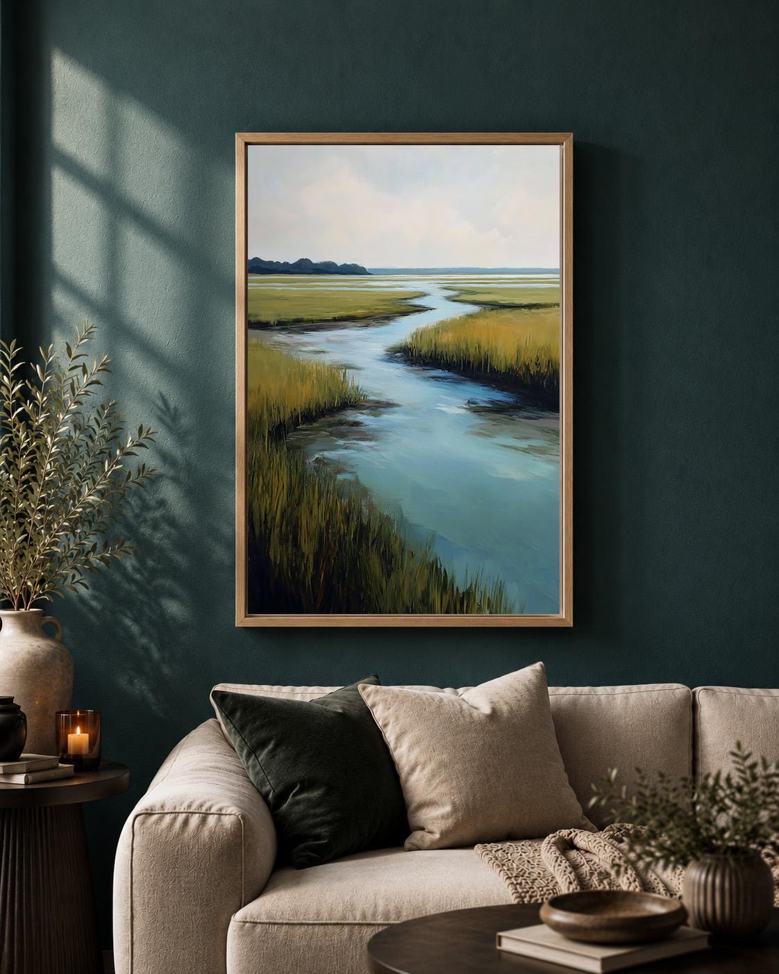 Coastal Marsh Landscape Framed Canvas Wall Art, Serene Salt Waterway Painting by The Wall Art Studio - physical