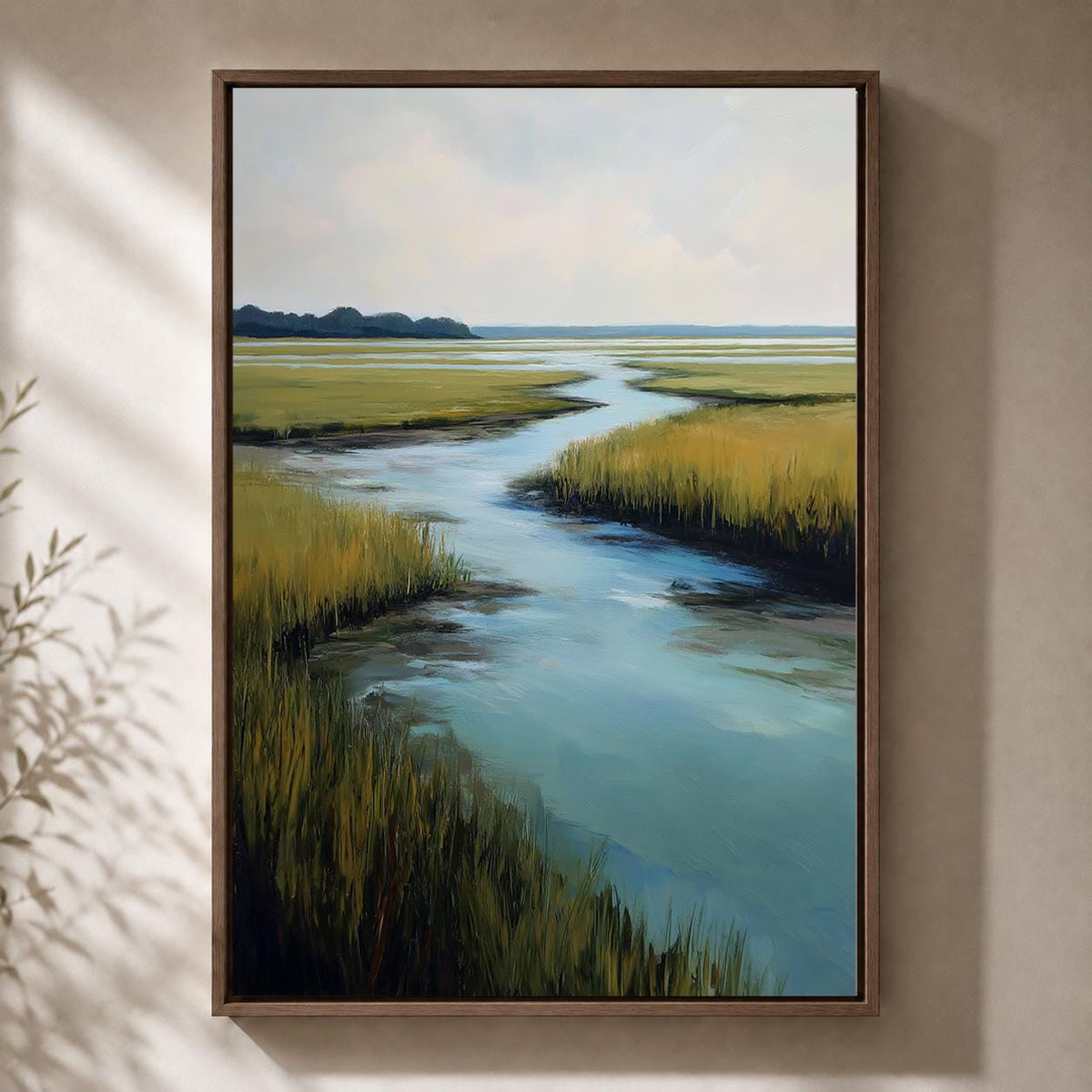 Coastal Marsh Landscape Framed Canvas Wall Art, Serene Salt Waterway Painting by The Wall Art Studio - physical
