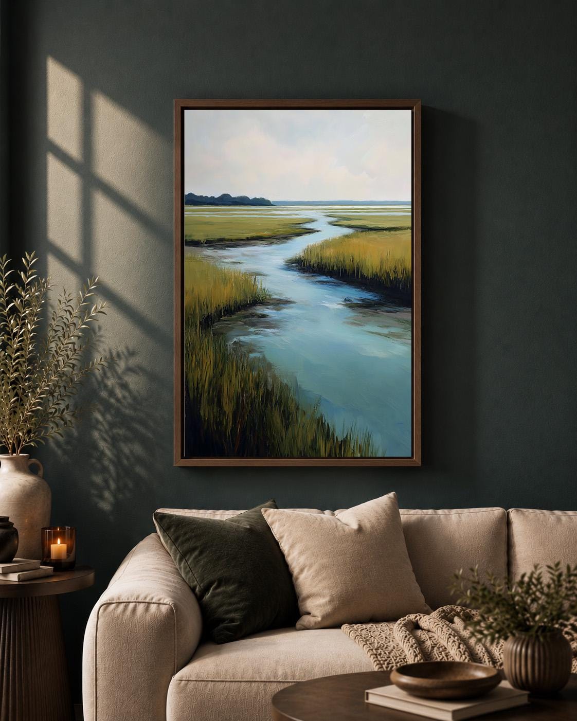 Coastal Marsh Landscape Framed Canvas Wall Art, Serene Salt Waterway Painting by The Wall Art Studio - physical