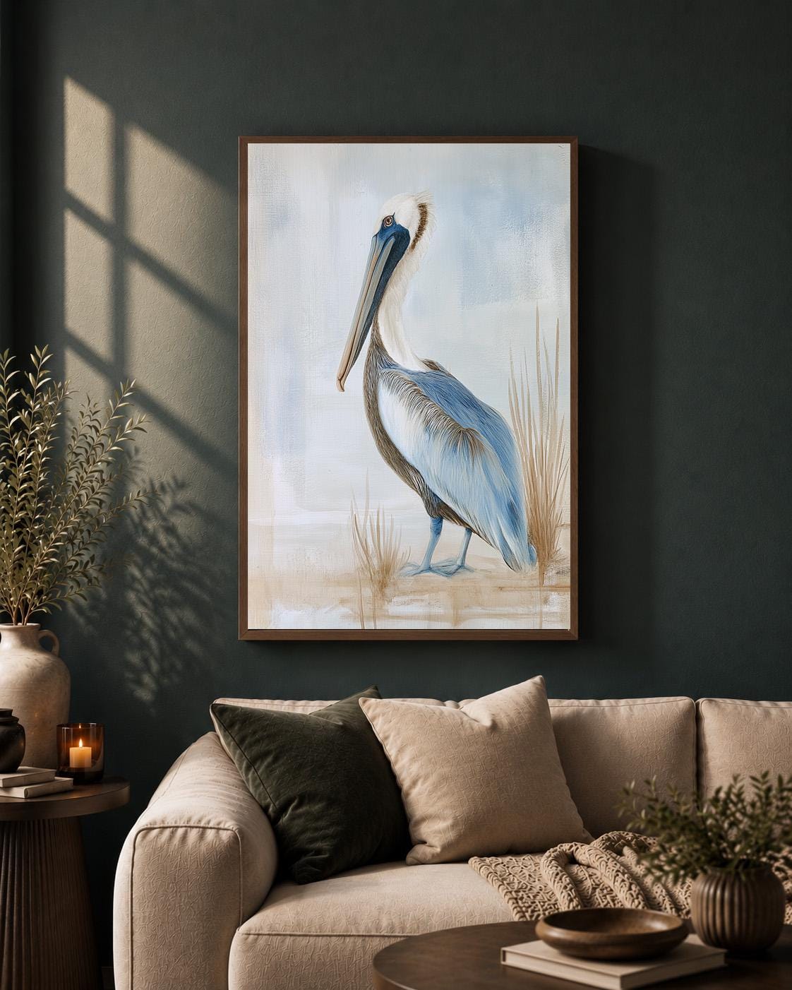 Coastal Pelican Framed Canvas Art, Beach House Bird Print, Nautical Decor by The Wall Art Studio - physical