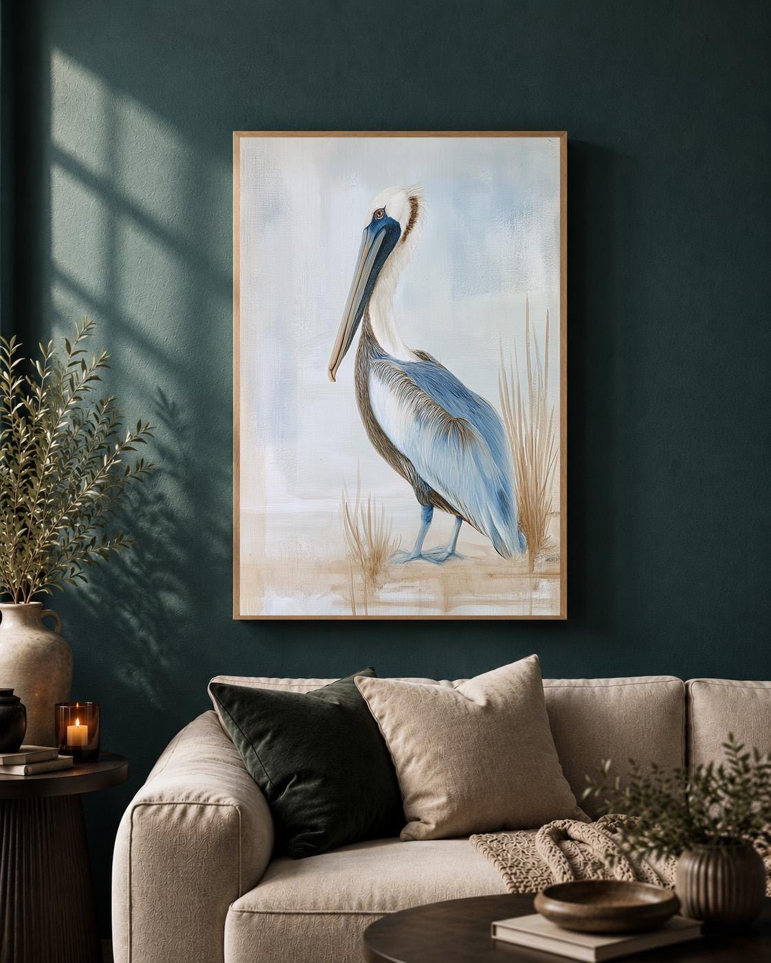 Coastal Pelican Framed Canvas Art, Beach House Bird Print, Nautical Decor by The Wall Art Studio - physical