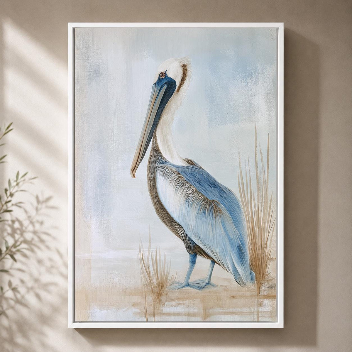 Coastal Pelican Framed Canvas Art, Beach House Bird Print, Nautical Decor by The Wall Art Studio - physical